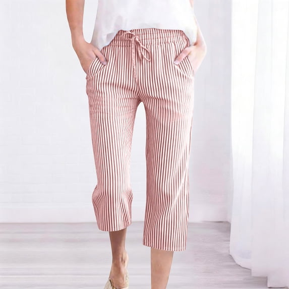 JUSLIO Women Capris Striped Linen Drawstring Casual Fashion Elastic Waist Capris Red M