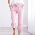 thumbnail image 1 of JUSLIO Women Capris Striped Linen Fashion Elastic Waist Drawstring Casual Capris Pink M, 1 of 7