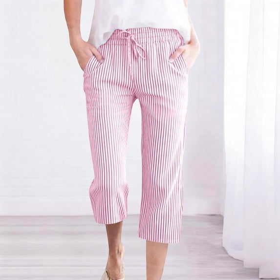 JUSLIO Women Capris Striped Linen Fashion Elastic Waist Drawstring Casual Capris Pink M
