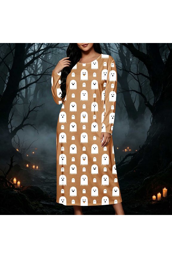 Womens Halloween Simple Ghost Print Crew Neck Long Sleeve Maxi Nightgown,Loose Fall Festive Loungewear Sleep Dress L