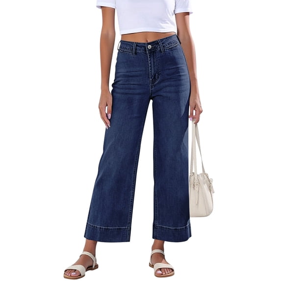 CIAKGIAF Womens Jeans Solid Button Fly Loose Multi-Pocket Ankle Length Jeans Dark Blue XL
