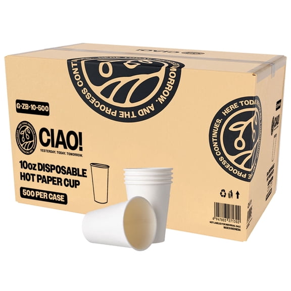 CIAO! 10oz White Paper Hot Cup, Disposable, 90mm Diameter 500 Count