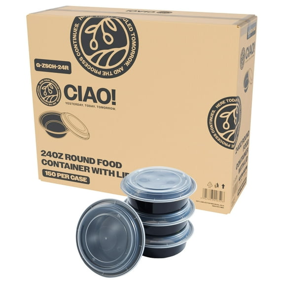 CIAO! 24oz Heavy Weight Injection Molded Microwavable Black Round Food Container with Lid (150/case)
