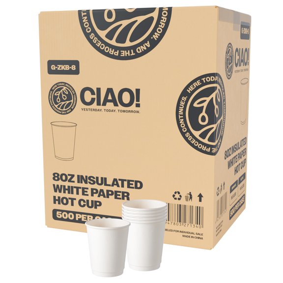 CIAO! 8 oz Insulated Double Wall White Paper Hot Cup, 80mm Diameter, 500 Count