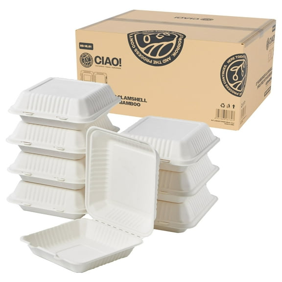 CIAO! 8"x8"x3" Clamshell 1 Compartment 100% Compostable Ecofriendly PFAS Free Unbleached Bagasse Natural White (200/case)