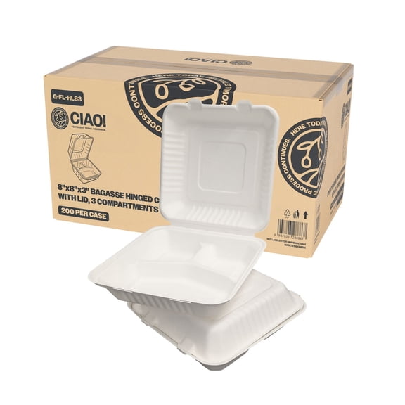 CIAO! 8"x8"x3" Clamshell 3 Compartment 100% Compostable Ecofriendly Unbleached Bagasse Natural White (200/case)