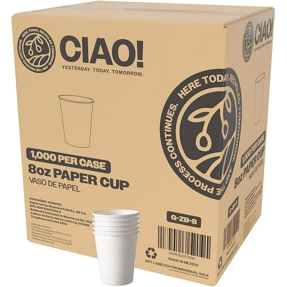 CIAO! 8oz White Paper Hot Cup, Disposable, 80mm Diameter 1,000 Count