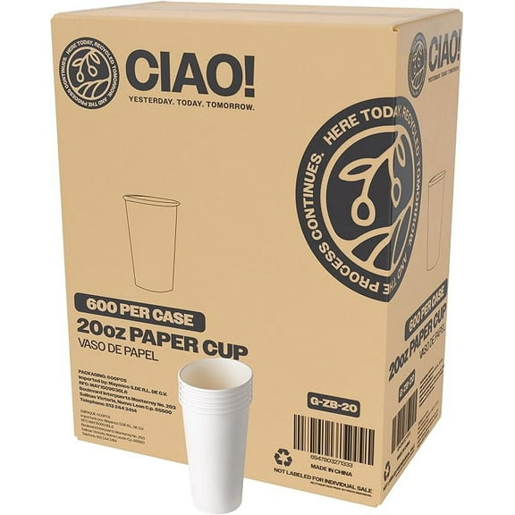 CIAO! 20oz White Paper Hot Cup, Disposable, 90mm Diameter 600 Count