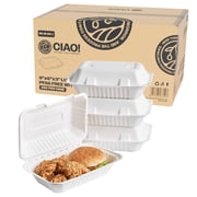 CIAO! 9X6X3 Clamshell 1 Compartment 100% Compostable Ecofriendly PFAS Free Unbleached Bagasse Natural White 250/case