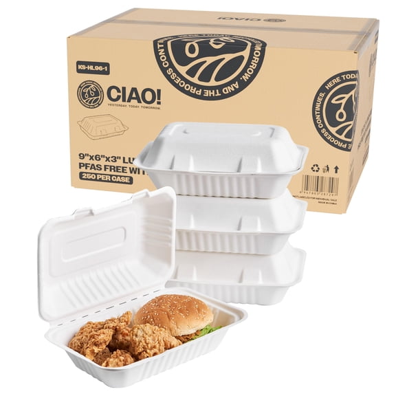 CIAO! 9"X6"X3" Clamshell 1 Compartment 100% Compostable Ecofriendly PFAS Free Unbleached Bagasse Natural White (250/case)