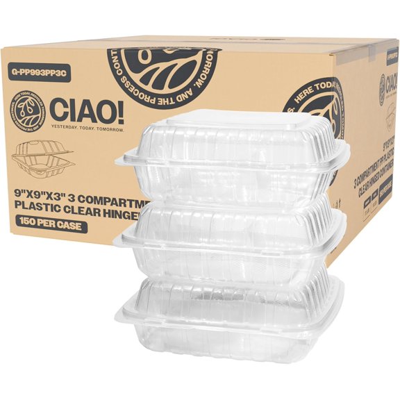 CIAO! 9"x9"x3" 3 Compartment PP Plastic Clear Hinged Container for Take Out (Case of 150)