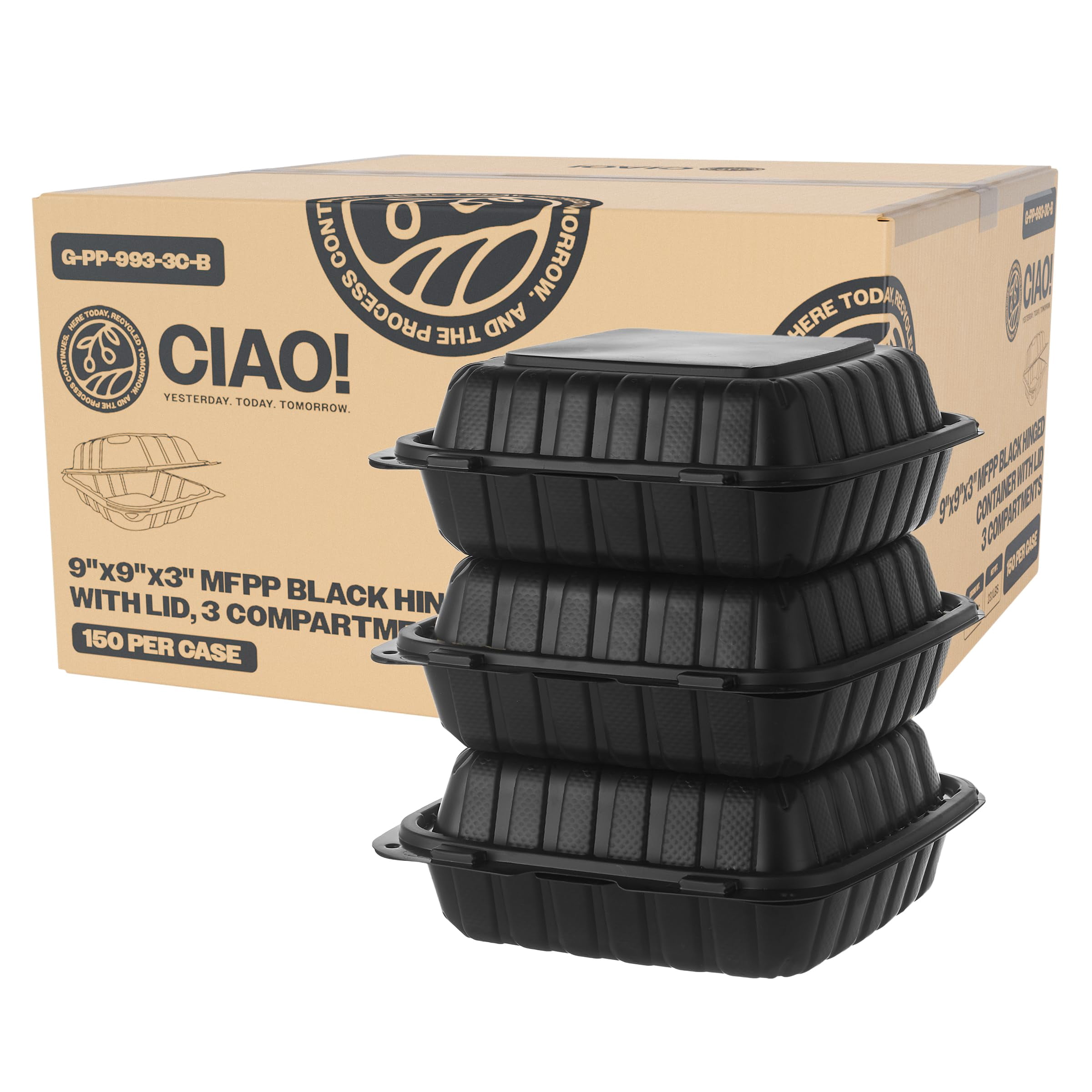 CIAO!, 9x9x3 Inch MFPP Black Hinged Container, 3 Compartment, Take-Out ...