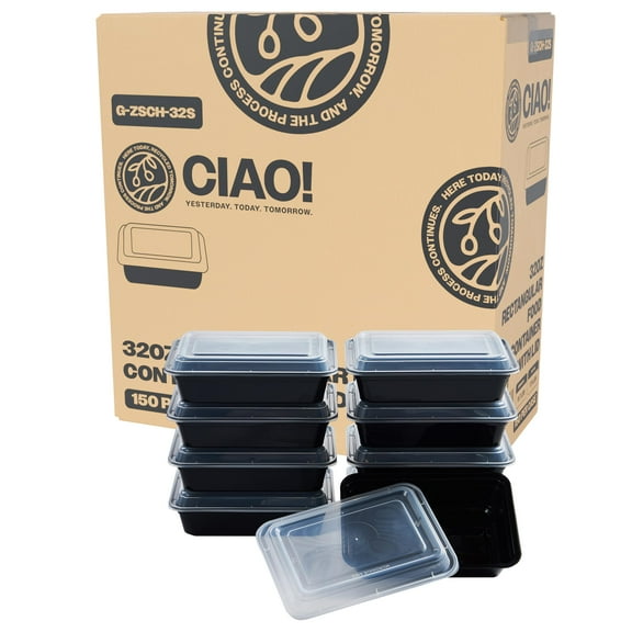 CIAO! Heavy Weight 32oz Injection Molded Microwavable Black Rectangular Food Container with Lid (150/case)