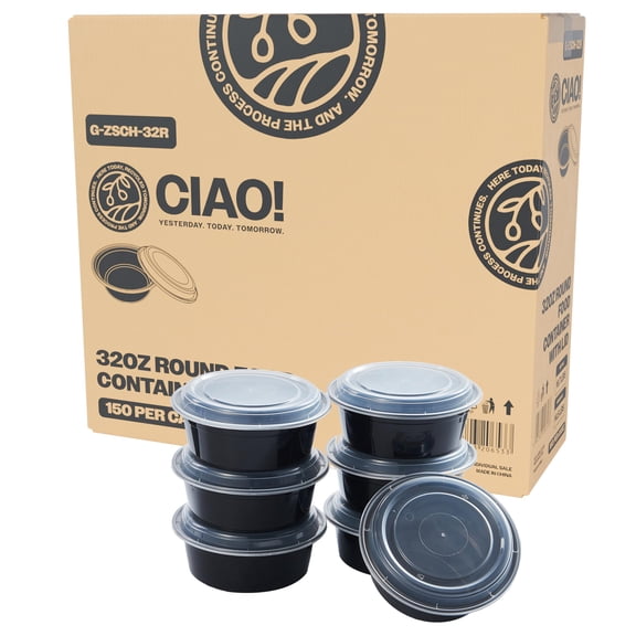 CIAO! Heavy Weight 32oz Injection Molded Microwavable Black Round Food Container with Lid (150/case)