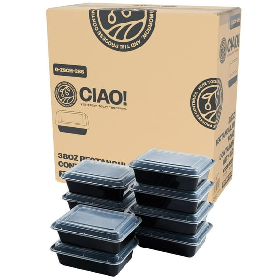 CIAO! Heavy Weight 38oz Injection Molded Microwavable Black Rectangular Food Container with Lid (150/case)
