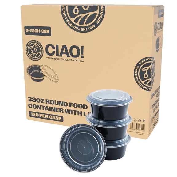 CIAO! Heavy Weight 38oz Injection Molded Microwavable Black Round Food Container with Lid (150/Case)