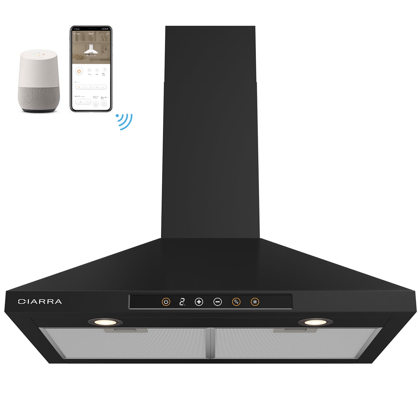Black 30-Inch Wall Mount Range Hood with Voice Control and LED Lighting