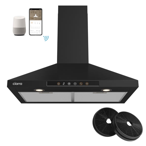 CIARRA Wall Mount Range Hood 30 inch 450 CFM with WIFI/Voice Control and Carbon Filter Kit in Black CAB502W75-003