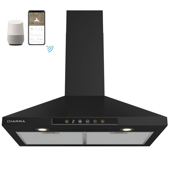 CIARRA Wall Mount Range Hood 30 inch 450 CFM with WIFI/Voice Control in Black CAB502W75