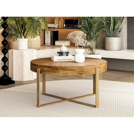 CIATRE 34" Round Wood Coffee Table for Living Room, Mid Century Modern Farmhouse Round Coffee Table with Gold Metal Legs, Center Table (Black+Natural)