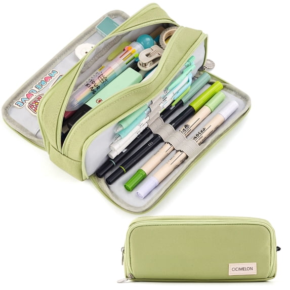 CICIMELON Large Capacity Pencil Case 3 Compartment Pen Pouch Bag for Adults Men Women (Green)