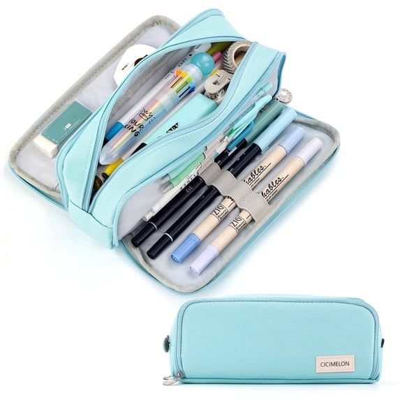 CICIMELON Large Capacity Pencil Case 3 Compartment Pen Pouch Bag for School Teens Girls Boys Men Women (Light Blue)