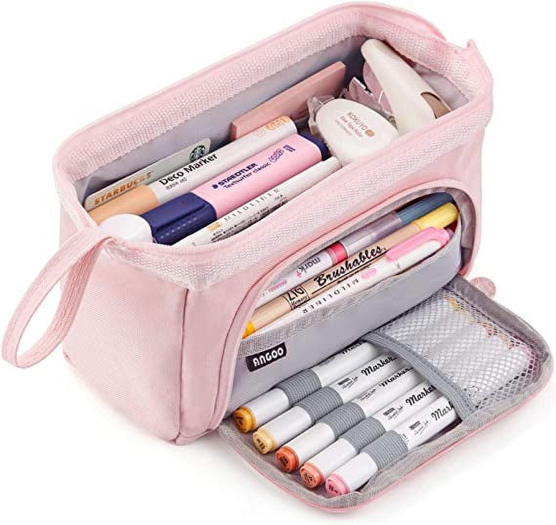 svlftecon Kawaii Pencil Case for Girls Boys Comes with 6 Free Pens Canvas Office Stationery Bag Organizer Pouch Portable Pencil Bag, Pink