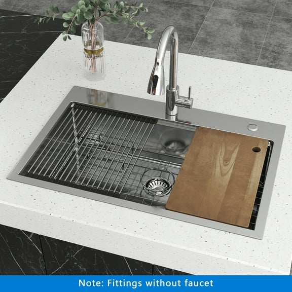 CICIMLU 33*22 Stainless Steel Kitchen Sink Single Bowl Basin with Kit of 5 Accessories Drop-in Sink Easy to Stall, Brushed