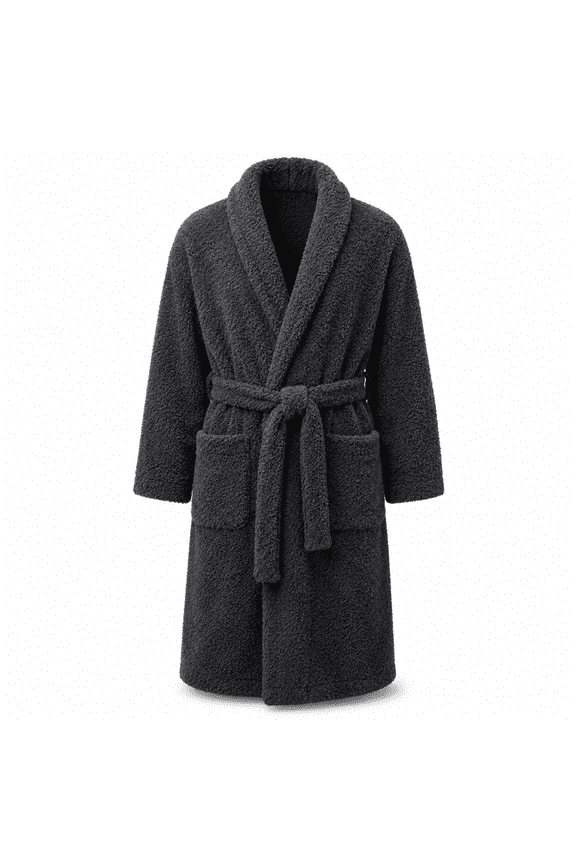 Ultra Plush Robe, Unisex Soft Textured Knit Bathrobe, 81% Polyester and 19% Viscose from Bamboo Lounge Robe, Oversized Full-Length Cozy Robe with Belt Loops and Inner Tie, Charcoal, Large