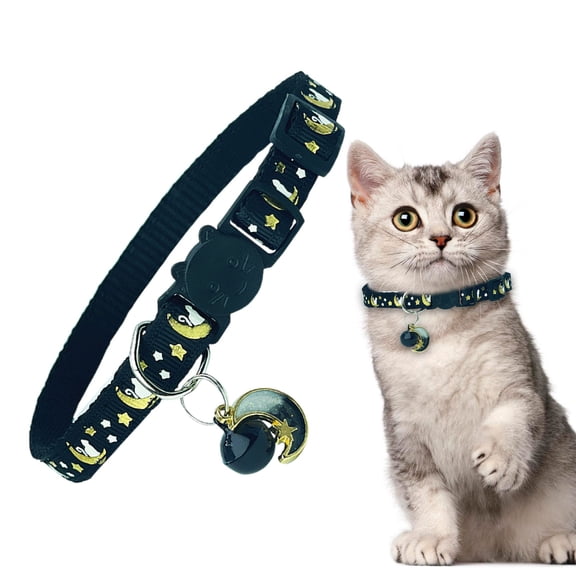 CICRKHB Adjustable Cat Collar with Breakaway Buckle, Reflective SafetyCollar with Bell and Moon Star Pendant, Glow in the Dark Quick Release Pet Collar for Small Cats Black