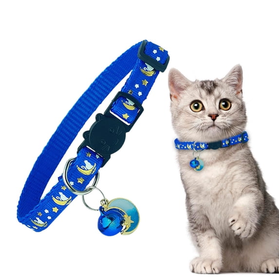 CICRKHB Adjustable Cat Collar with Breakaway Buckle, Reflective SafetyCollar with Bell and Moon Star Pendant, Glow in the Dark Quick Release Pet Collar for Small Cats Blue