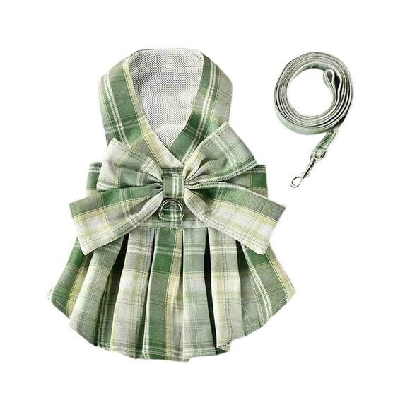 CICRKHB Dog Dress Plaid Dog Dress Bow Tie Harness Leash Set Dog Wedding Dress Puppy Clothes Summer Dog Skirt for Small Medium Dogs Cats Girls Pet Supplies Green