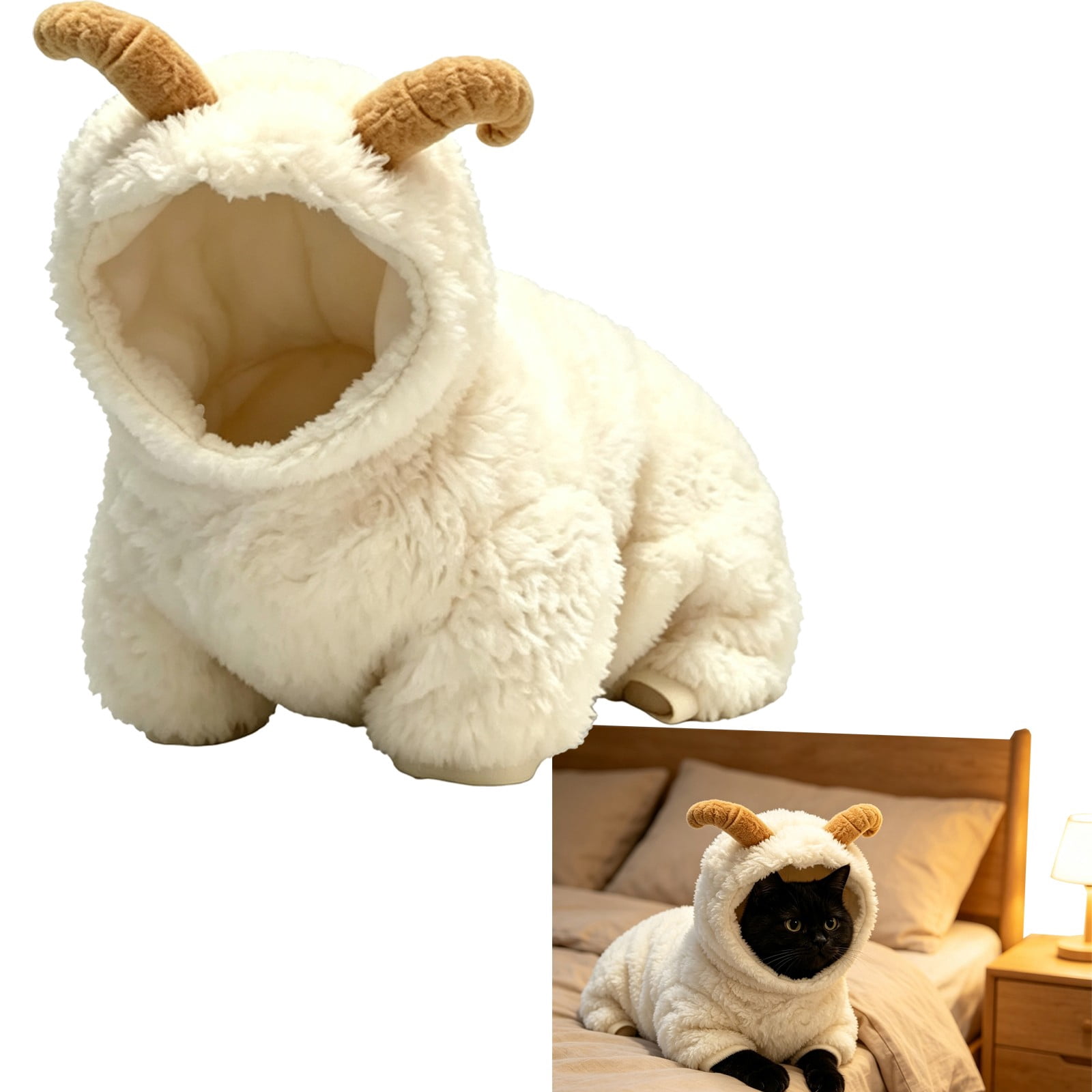 CICRKHB Pet Sheep Ram Costume with Curved Horn Hood, Warm Fuzzy Animal ...