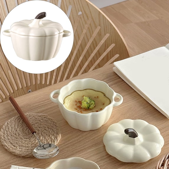 CICRKHB Pumpkin Pottery Dutch Oven Pot with Lid, Mini Baking Dish Casserole (White)