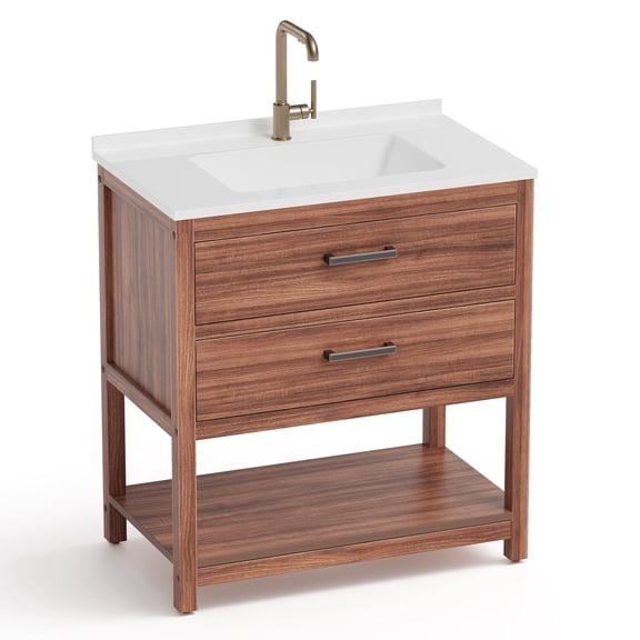 CIEKUU Farmhouse Bathroom Vanity with Sink,30" Freestanding Waterproof Poly Lumber Storage Cabinet with Drawers,Brown