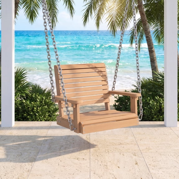 Kaleemen Porch Swing, Single Person Poly Lumber Outdoor Hanging Swing Chair for Porch and Patio, Teak Color