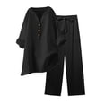 thumbnail image 1 of CIENVNSTG 2 Piece Sets Woman Trendy V-Neck Long Sleeve Linen Shirt Top Drawstring Straight Pants Set Black M, 1 of 5