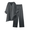 thumbnail image 1 of CIENVNSTG 2 Piece Sets Woman Trendy V-Neck Long Sleeve Linen Shirt Top Drawstring Straight Pants Set Dark Gray S, 1 of 5
