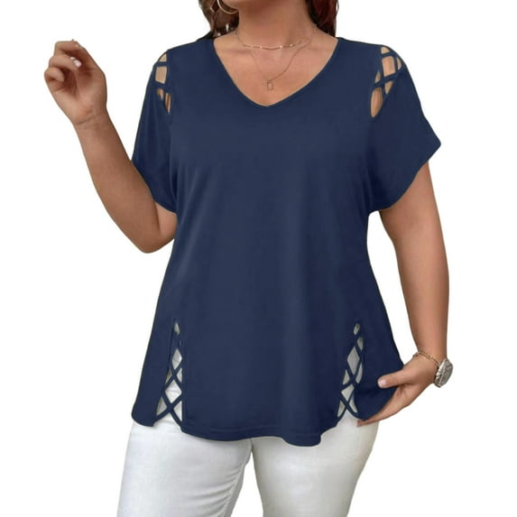 CIENVNSTG 2026 Spring Summer Short Sleeve V Neck Top for Women with Lattice Cutout on Sleeves and Hem Creating a Dressy Look Loose Fit Casual Tunic Blouse for Daily Trendy Wear Royal Blue 3XL