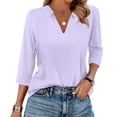 thumbnail image 1 of CIENVNSTG 2026 Women's 3/4 Length Sleeve V-Neck Lapel Collar Solid Tops Loose Fitted Lightweight Soft Dressy Basic Tees for Summer Business Work Daily Casual Outfits Light Purple L, 1 of 4