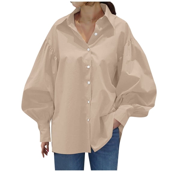 CIENVNSTG 2026 Women's Spring Fall Trendy Casual Lapel Button Down Shirt Lantern Puff Long Sleeve V Neck Loose Solid Plus Size Oversized Blouse Top Smooth Office Work Outfit Khaki M