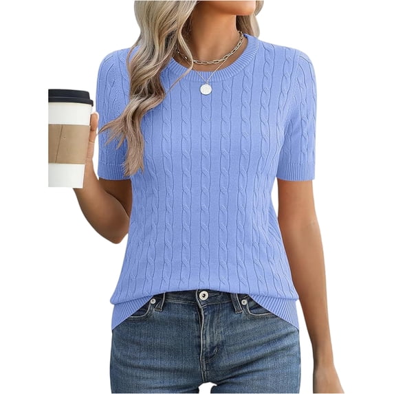 CIENVNSTG 2026 Women's Trendy Cable Knit Short Sleeve Blouses Crewneck Lightweight Sweater Tops Cute Summer Spring Business Dressy Casual Work Outfits Clothes Blue M