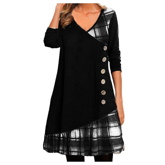 CIENVNSTG Autumn Winter Women Dress Trendy V-neck Asymmetric Long Sleeve Patchwork With Pleats & Buttons Casual Dresses Black L