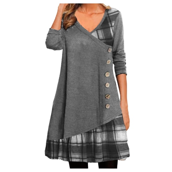 CIENVNSTG Autumn Winter Women Dress Trendy V-neck Asymmetric Long Sleeve Patchwork With Pleats & Buttons Casual Dresses Dark Gray S