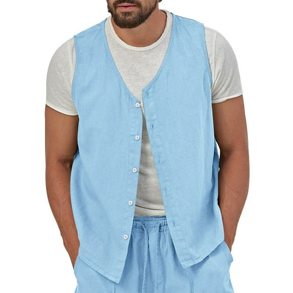 CIENVNSTG Beach Casual Lightweight Cotton Linen Waistcoat For Men Solid Button Down Sleeveless Soft Comfortable Vest Versatile Clothing For Outdoor Daily Business Suit Outfits Sky Blue L
