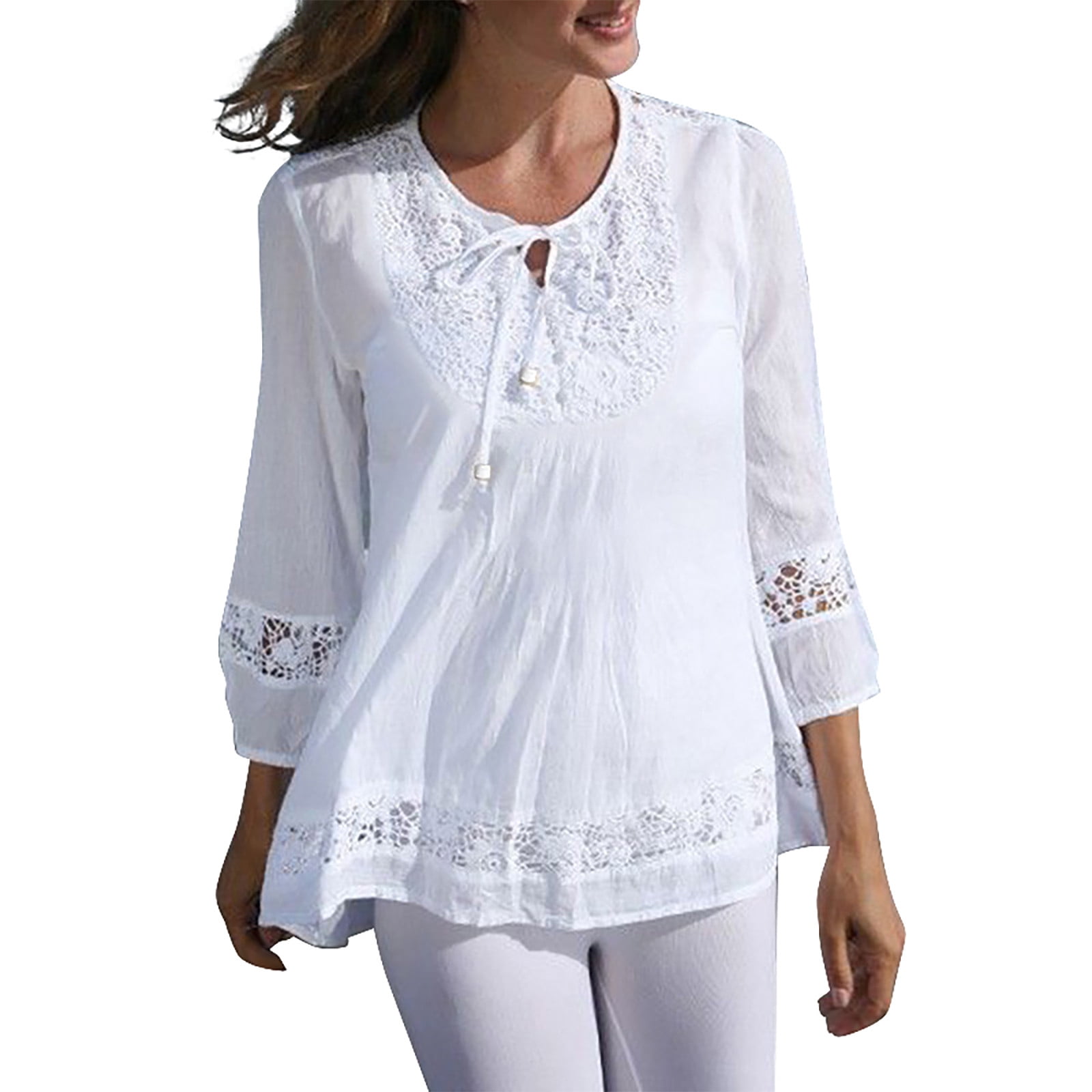 CIENVNSTG Blouse for Women Cotton Linen Loose Fit Tops 3/4 Sleeve Lace ...