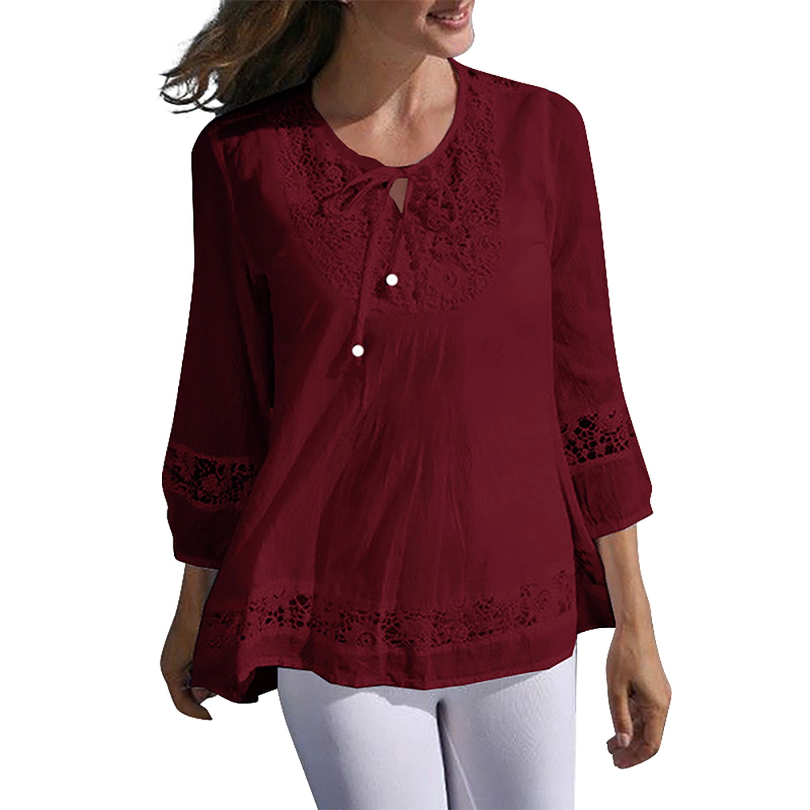 CIENVNSTG Blouse for Women Cotton Linen Loose Fit Tops 3/4 Sleeve Lace ...