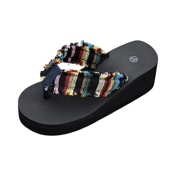 CIENVNSTG Boho Striped Wedge Flip Flops for Women Fray Strap Thick Wedge Sole Thong Summer Casual Footwear Beach Daily Outdoor Wear Black 37
