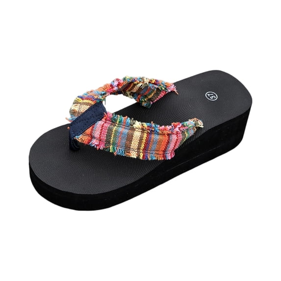 CIENVNSTG Boho Striped Wedge Flip Flops for Women Fray Strap Thick Wedge Sole Thong Summer Casual Footwear Beach Daily Outdoor Wear Multicolor 40