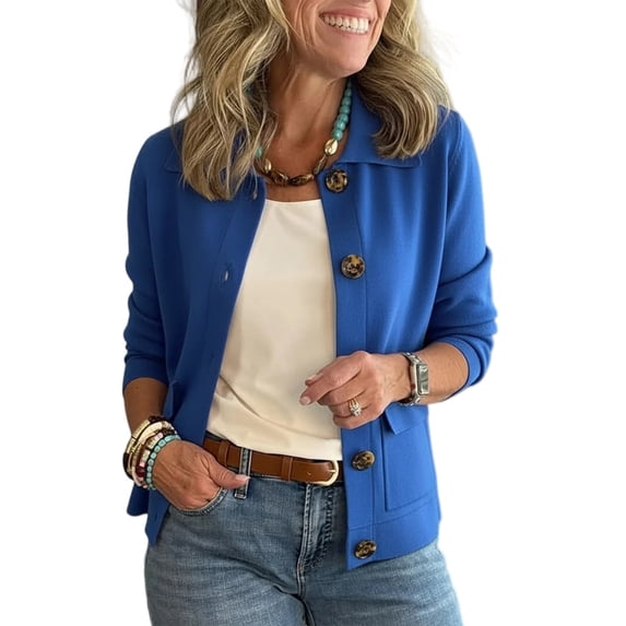 CIENVNSTG Cardigan Sweaters for Women Knit Button Down Jacket Long Sleeve Sweater Blazer Casual Cardigan Coats with Pockets Blue XL